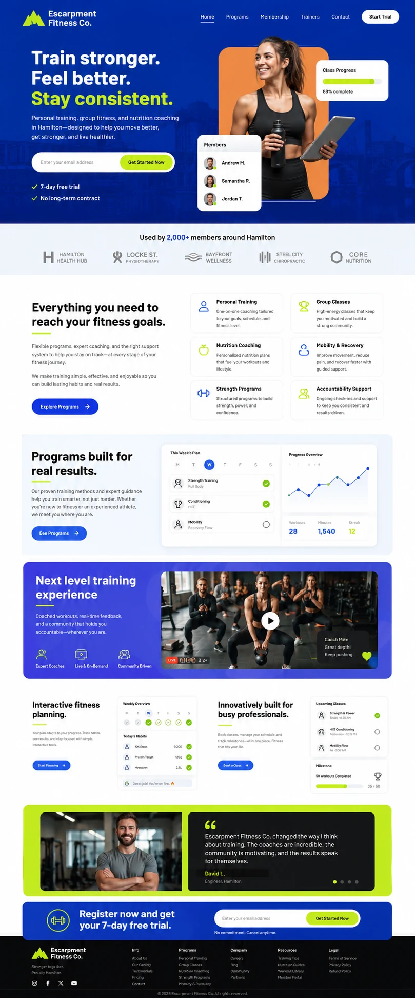 Complete full-page website design for Escarpment Fitness Co.