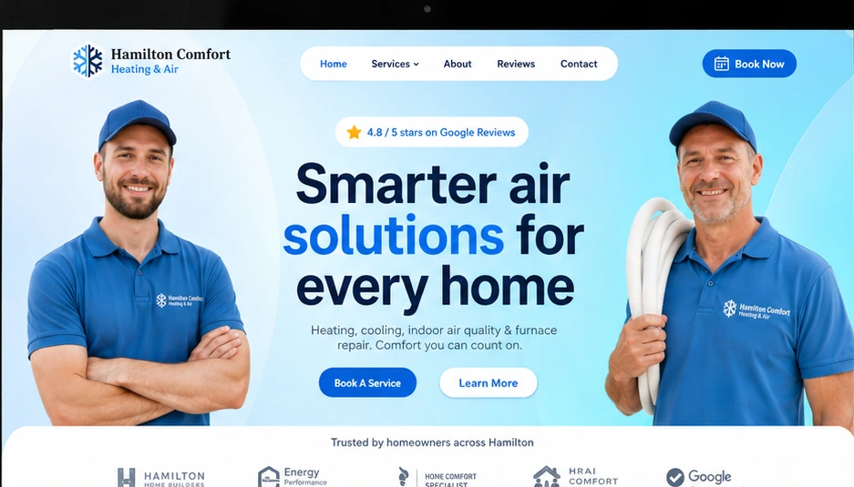 Hamilton Comfort Heating & Air website project shown in a desktop browser