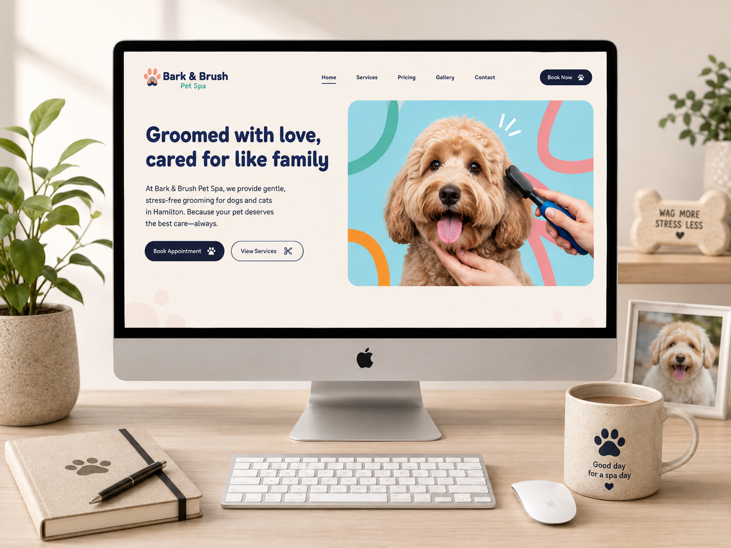Bark & Brush Pet Spa desktop website shown on a device