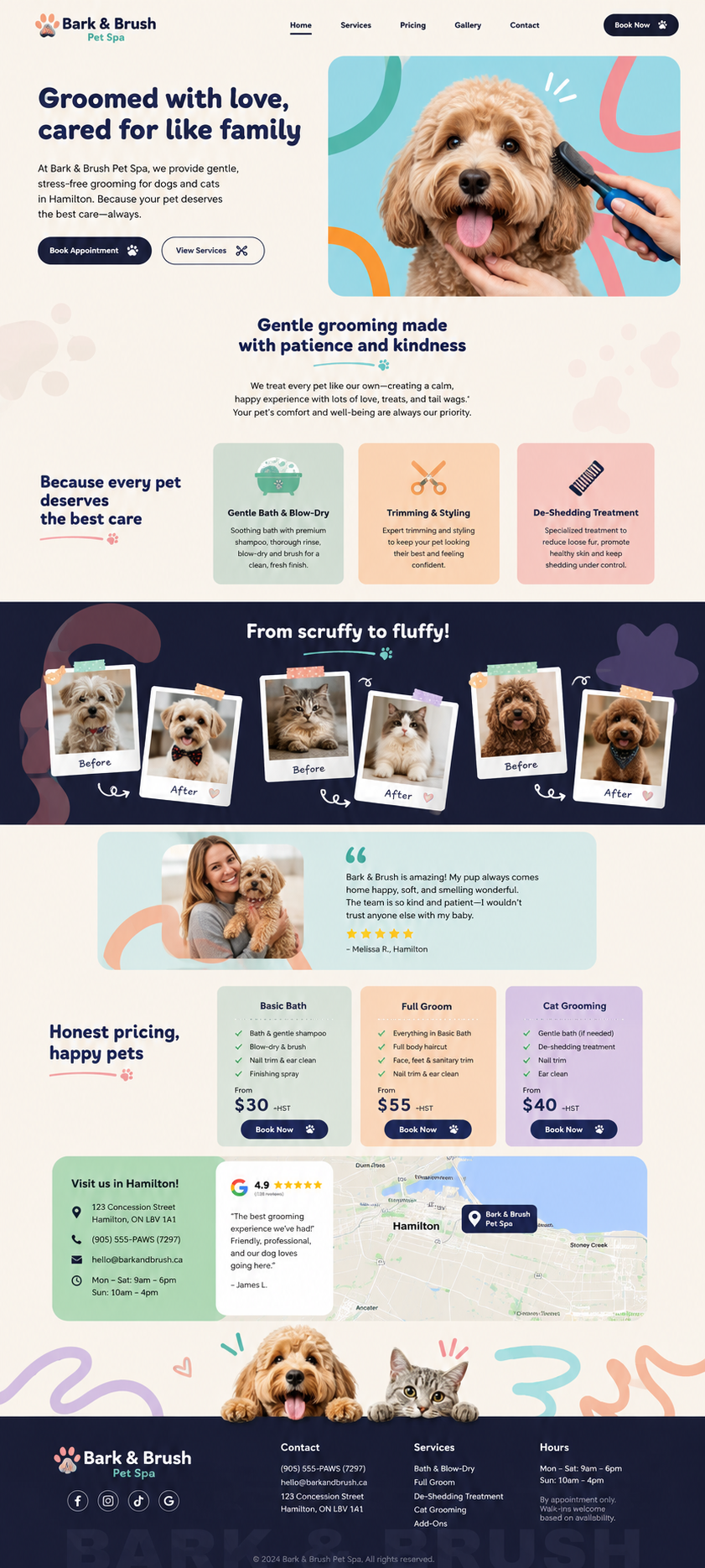 Complete full-page website design for Bark & Brush Pet Spa
