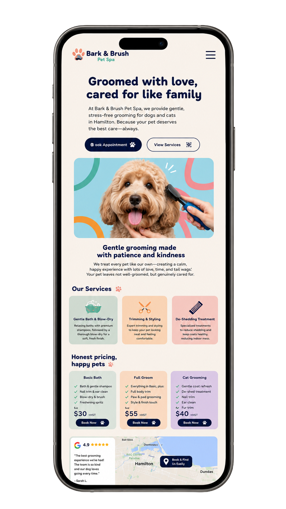 Bark & Brush Pet Spa mobile website shown in context