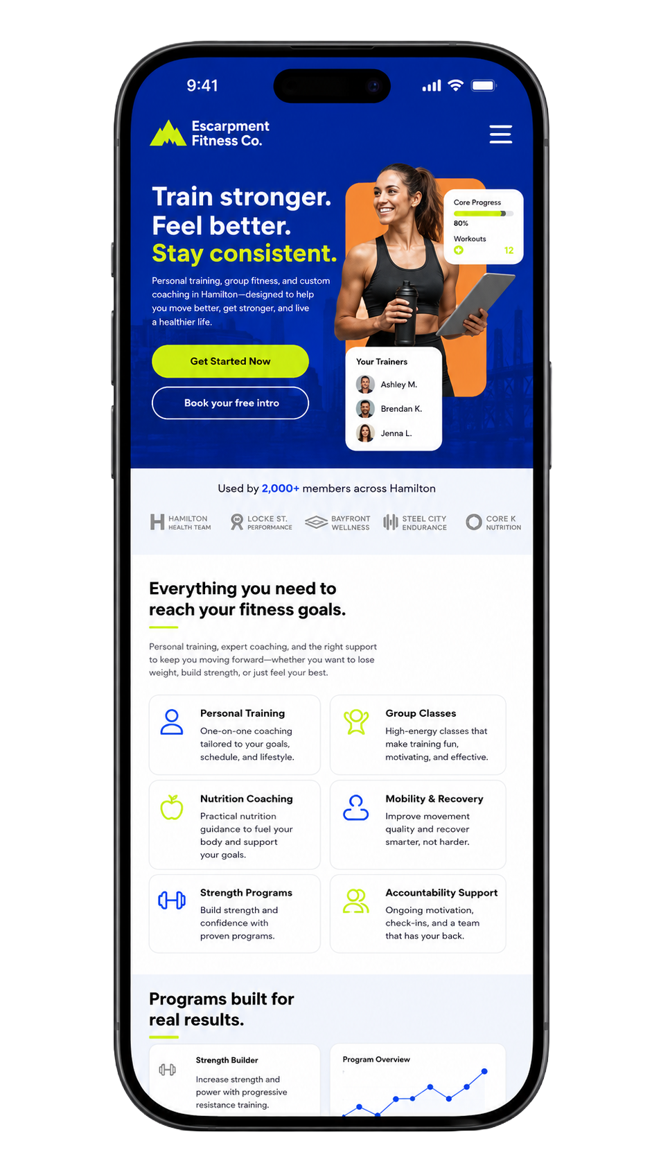 Escarpment Fitness Co. mobile website shown in context