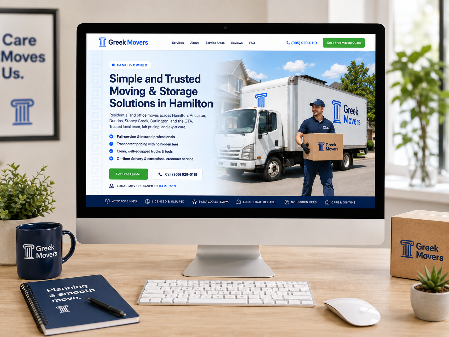 Greek Movers desktop website shown on a device