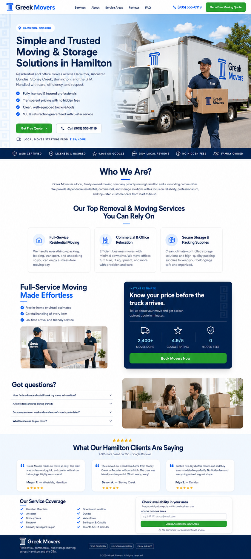 Complete full-page website design for Greek Movers