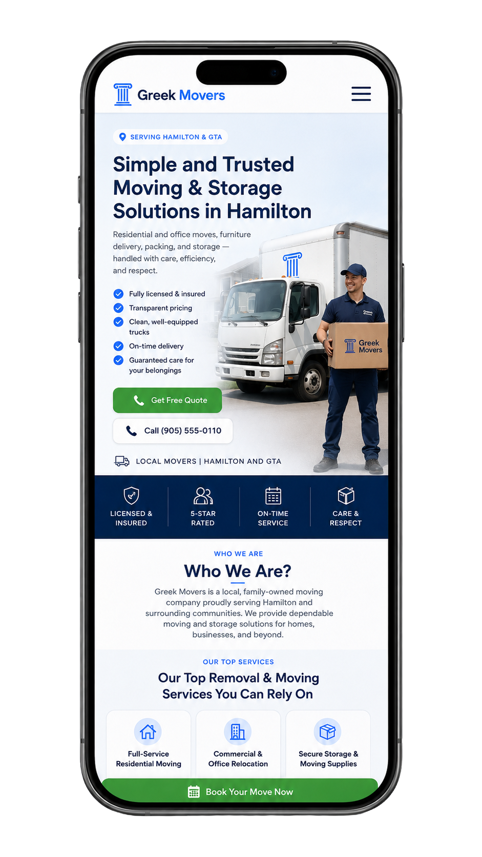 Greek Movers mobile website shown in context
