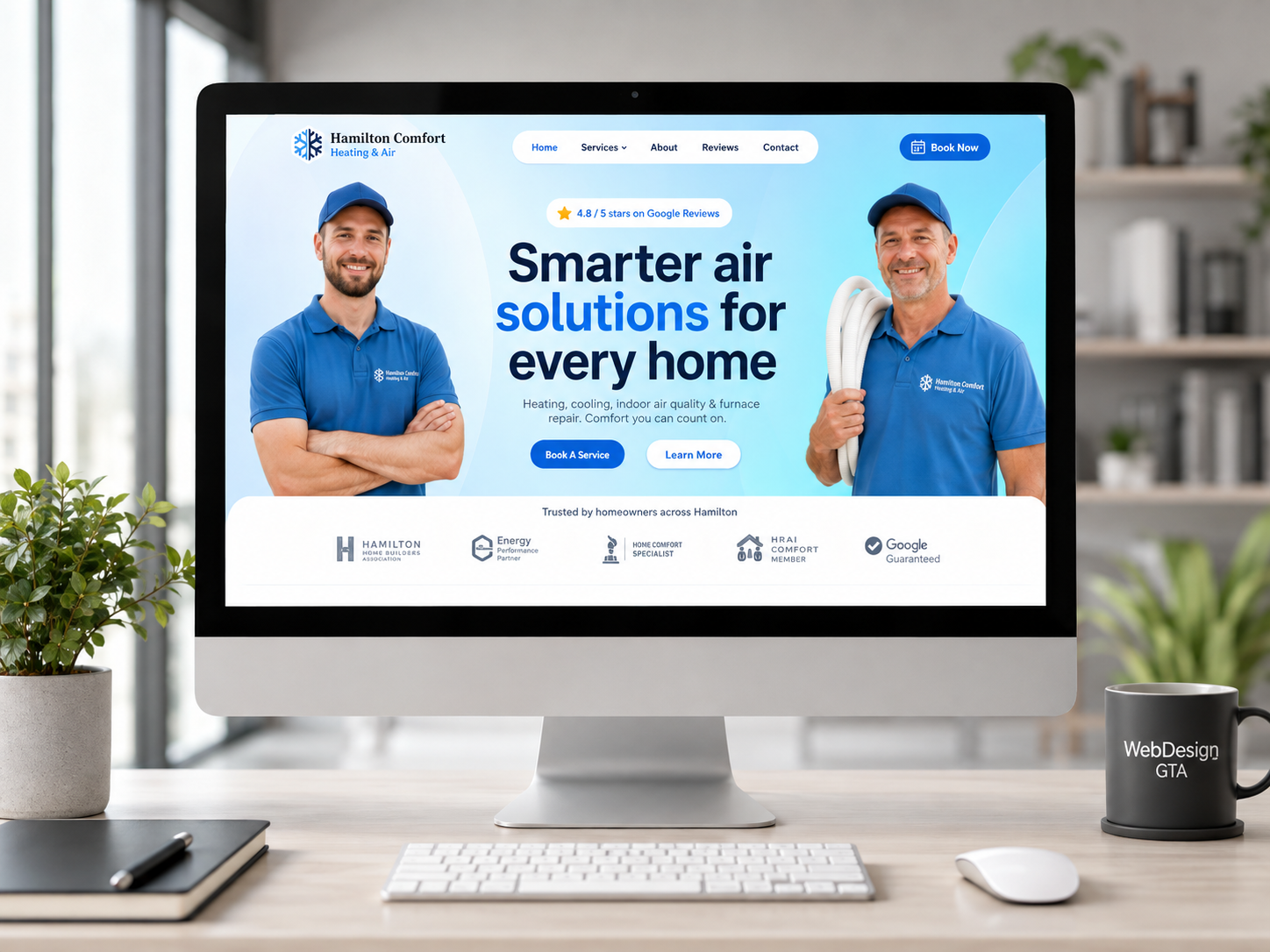 Hamilton Comfort Heating & Air desktop website shown on a device