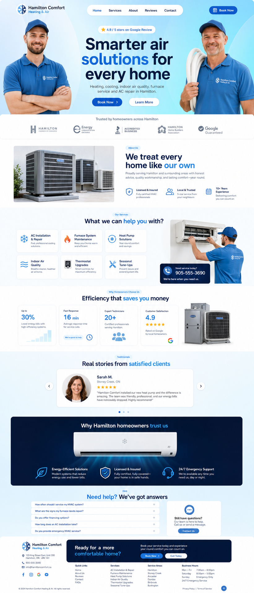 Complete full-page website design for Hamilton Comfort Heating & Air