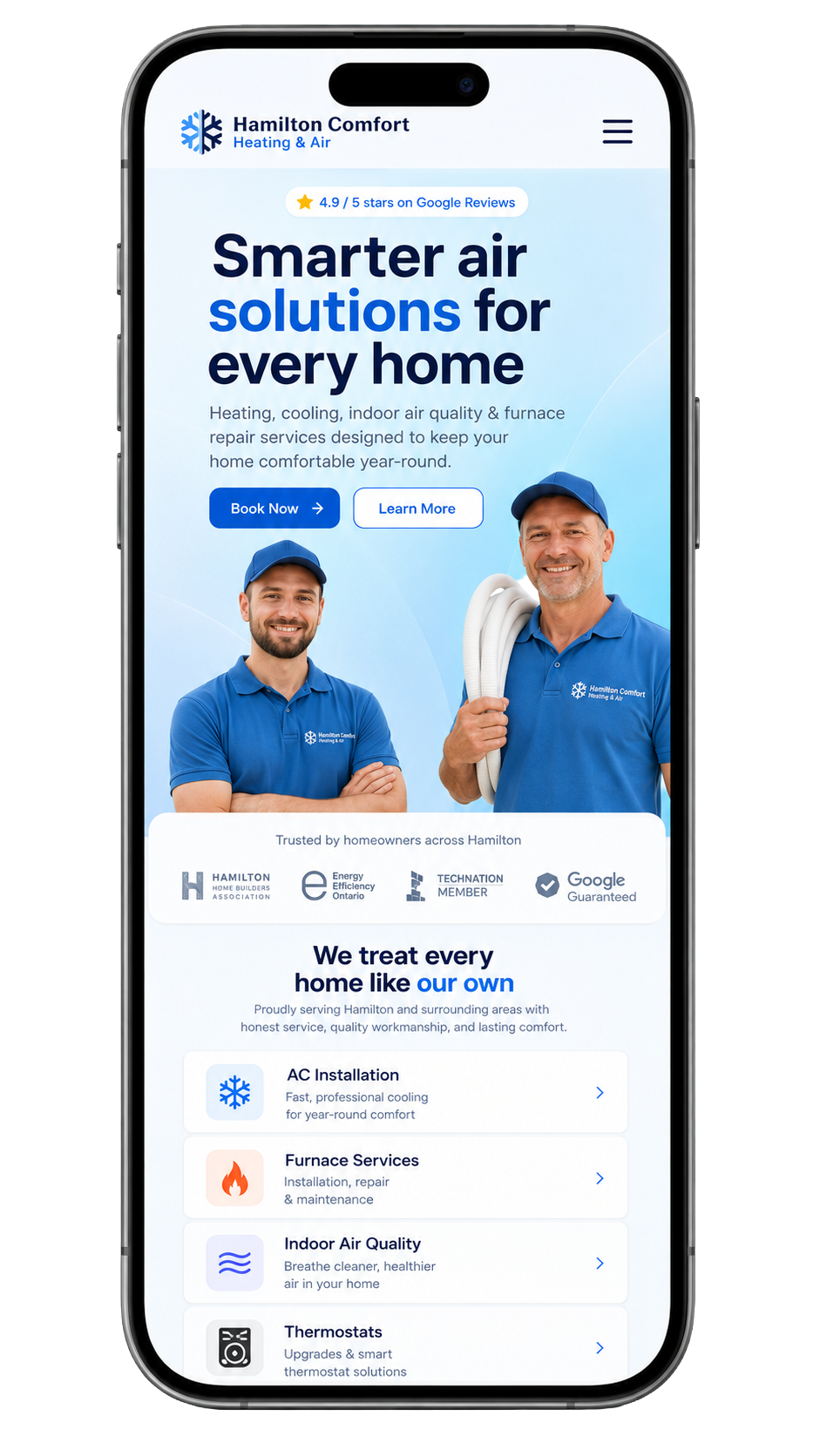Hamilton Comfort Heating & Air mobile website shown in context