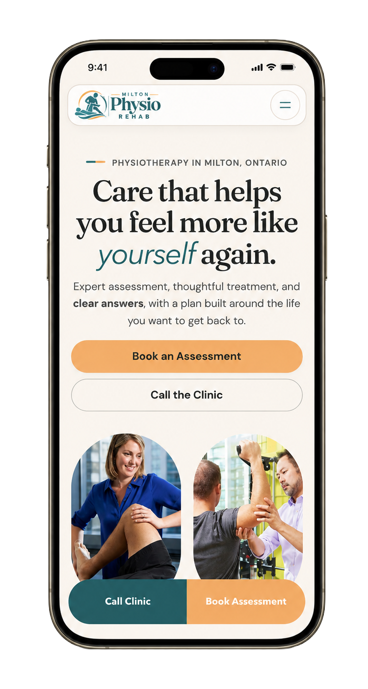 Milton Physio & Rehab mobile website shown in context